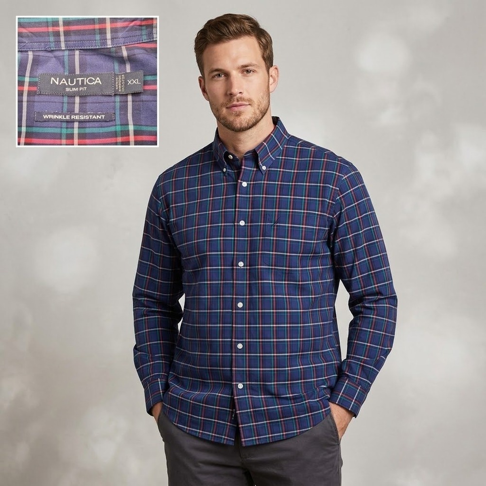 Nautica Button Down Men XXL Navy Blue Plaid Slim Fit Wrinkle Resistant Shirt